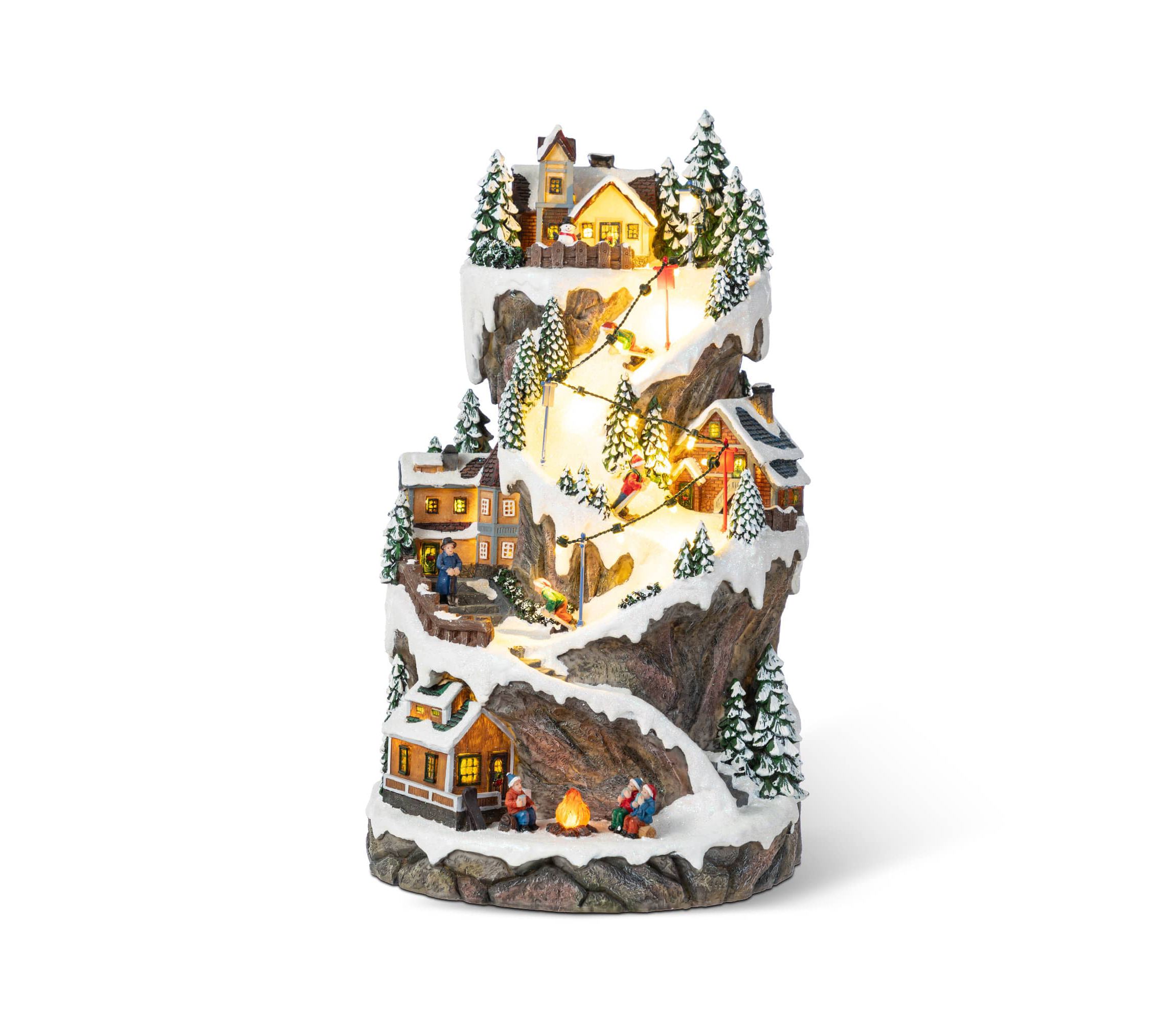 15.50"H Lighted Christmas Skiing Moutain Resin Village with Movement and Music