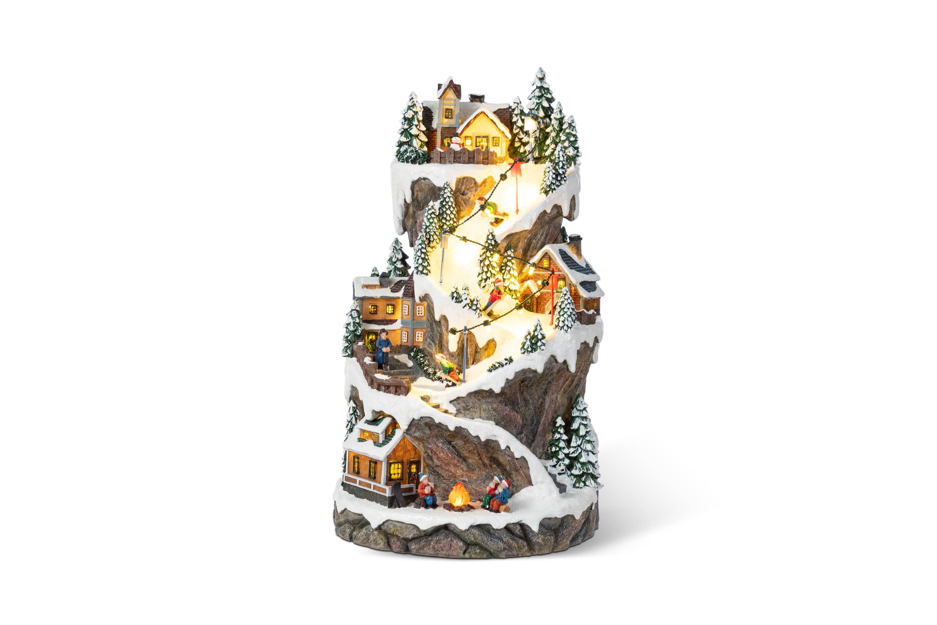15.50"H Lighted Christmas Skiing Moutain Resin Village with Movement and Music