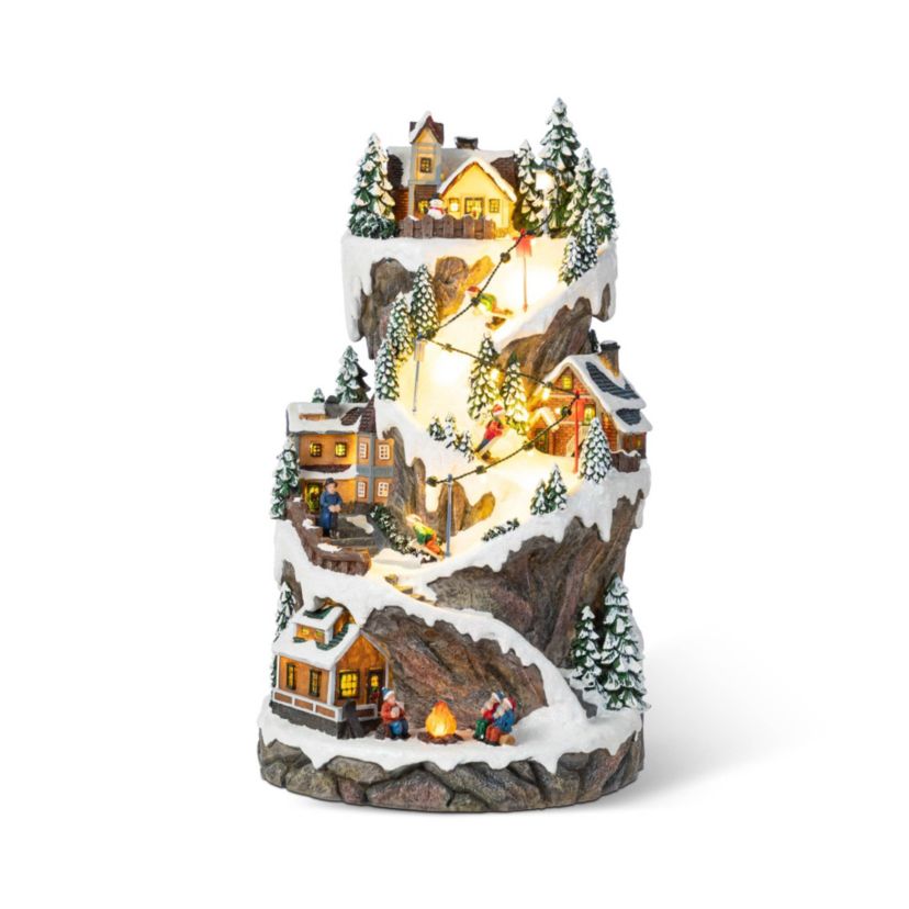 15.50"H Lighted Christmas Skiing Moutain Resin Village with Movement and Music