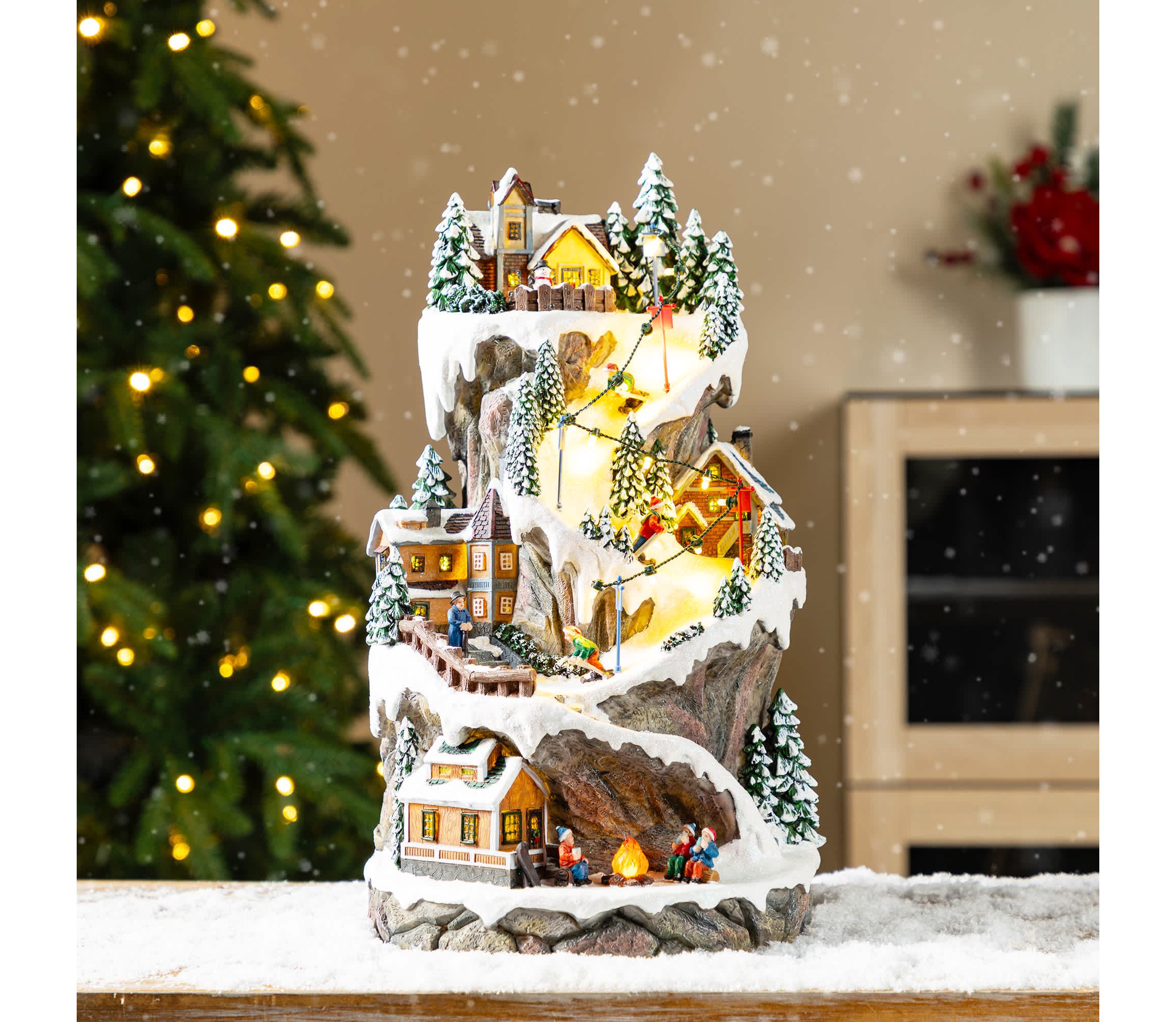 15.50"H Lighted Christmas Skiing Moutain Resin Village with Movement and Music