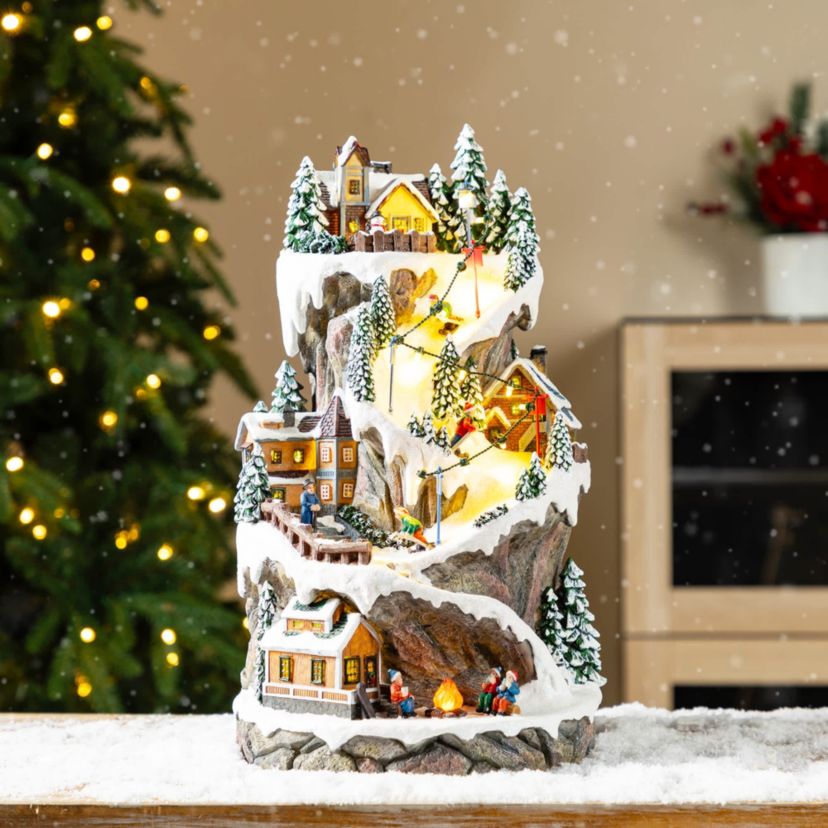 15.50"H Lighted Christmas Skiing Moutain Resin Village with Movement and Music