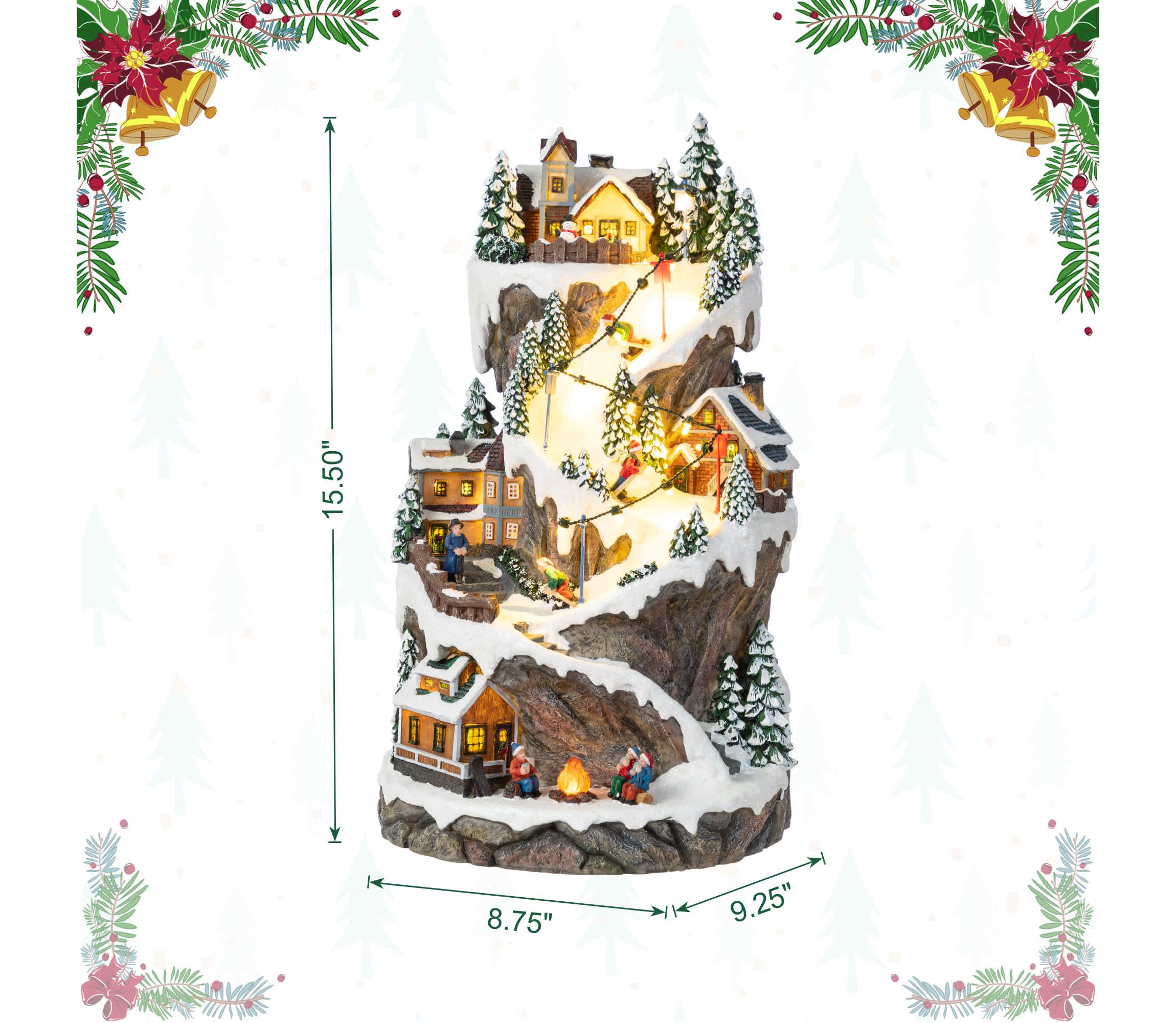 15.50"H Lighted Christmas Skiing Moutain Resin Village with Movement and Music