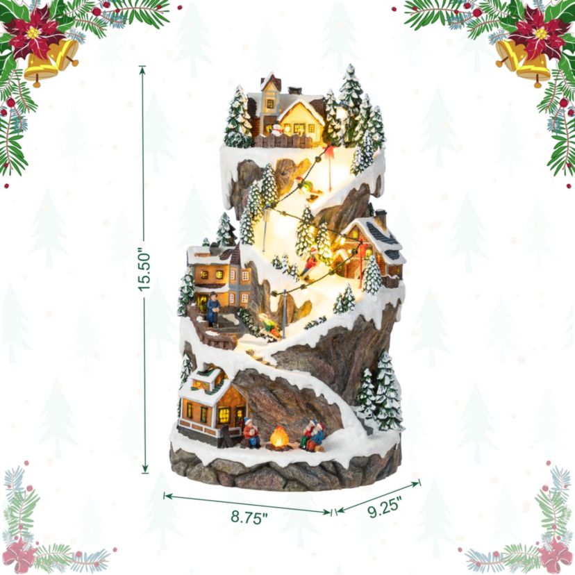 15.50"H Lighted Christmas Skiing Moutain Resin Village with Movement and Music