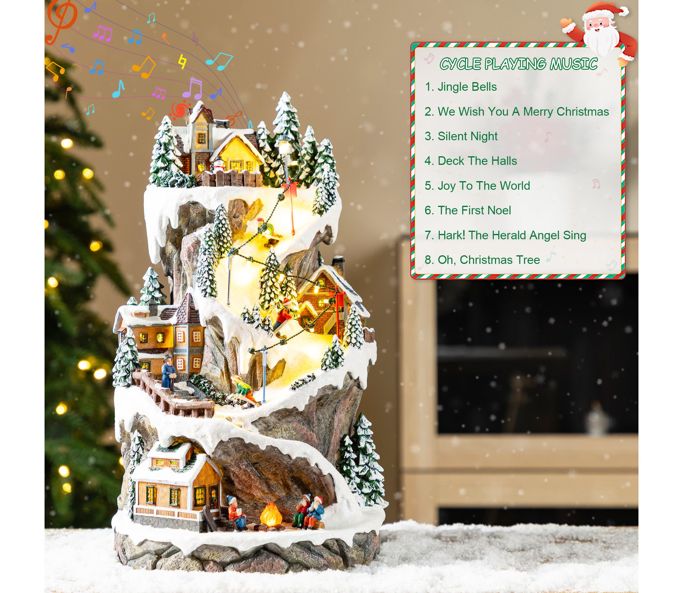 15.50"H Lighted Christmas Skiing Moutain Resin Village with Movement and Music