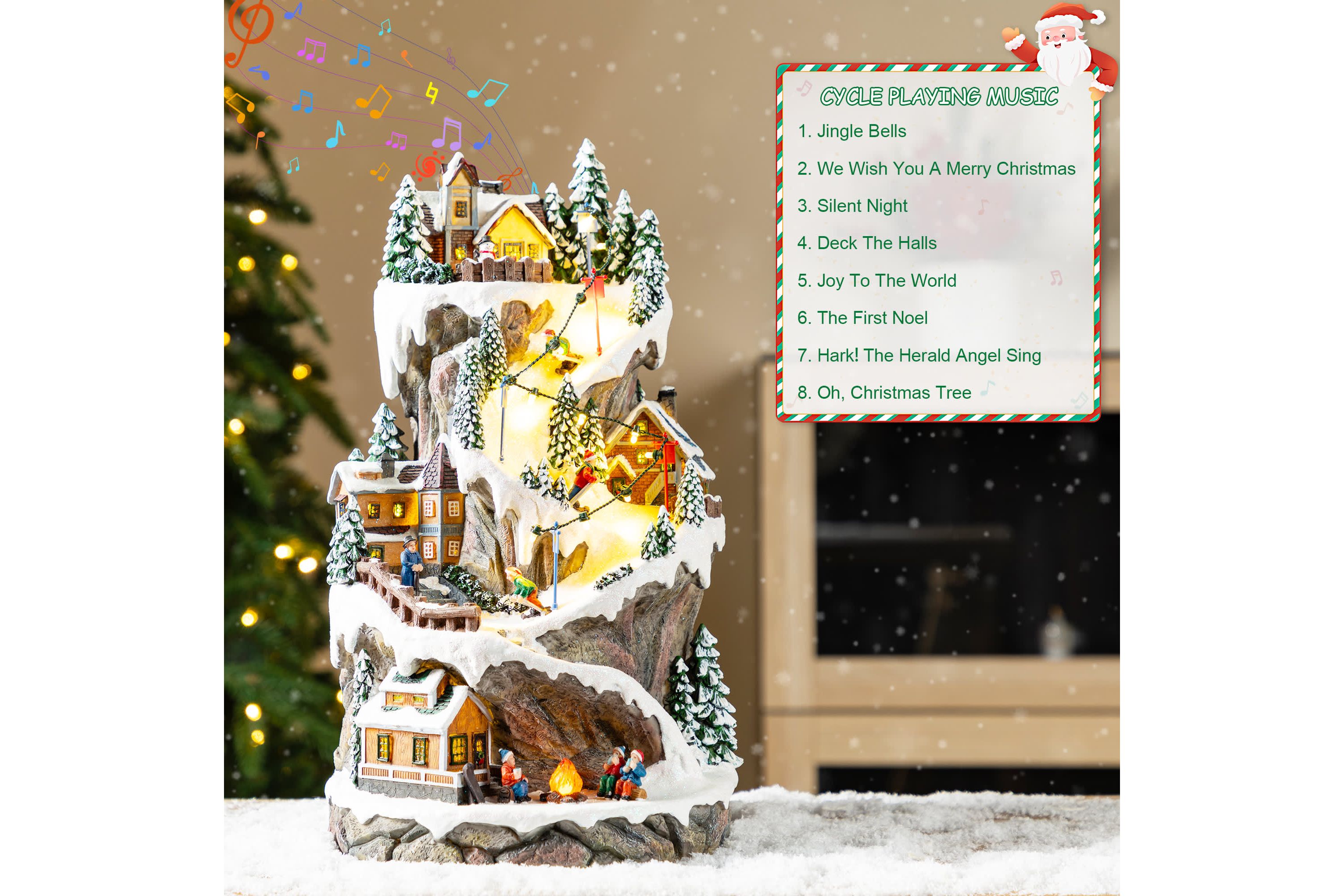 15.50"H Lighted Christmas Skiing Moutain Resin Village with Movement and Music