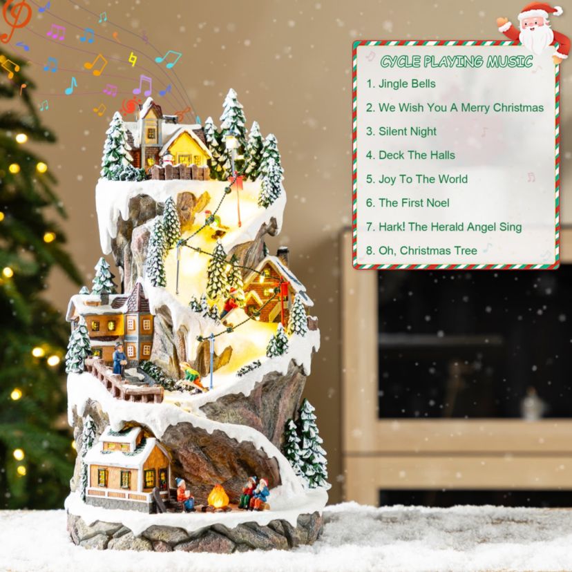 15.50"H Lighted Christmas Skiing Moutain Resin Village with Movement and Music