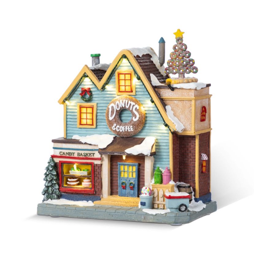 10.25"H Lighted Christmas Donuts & Coffee Shop Resin Village with Movement and Music
