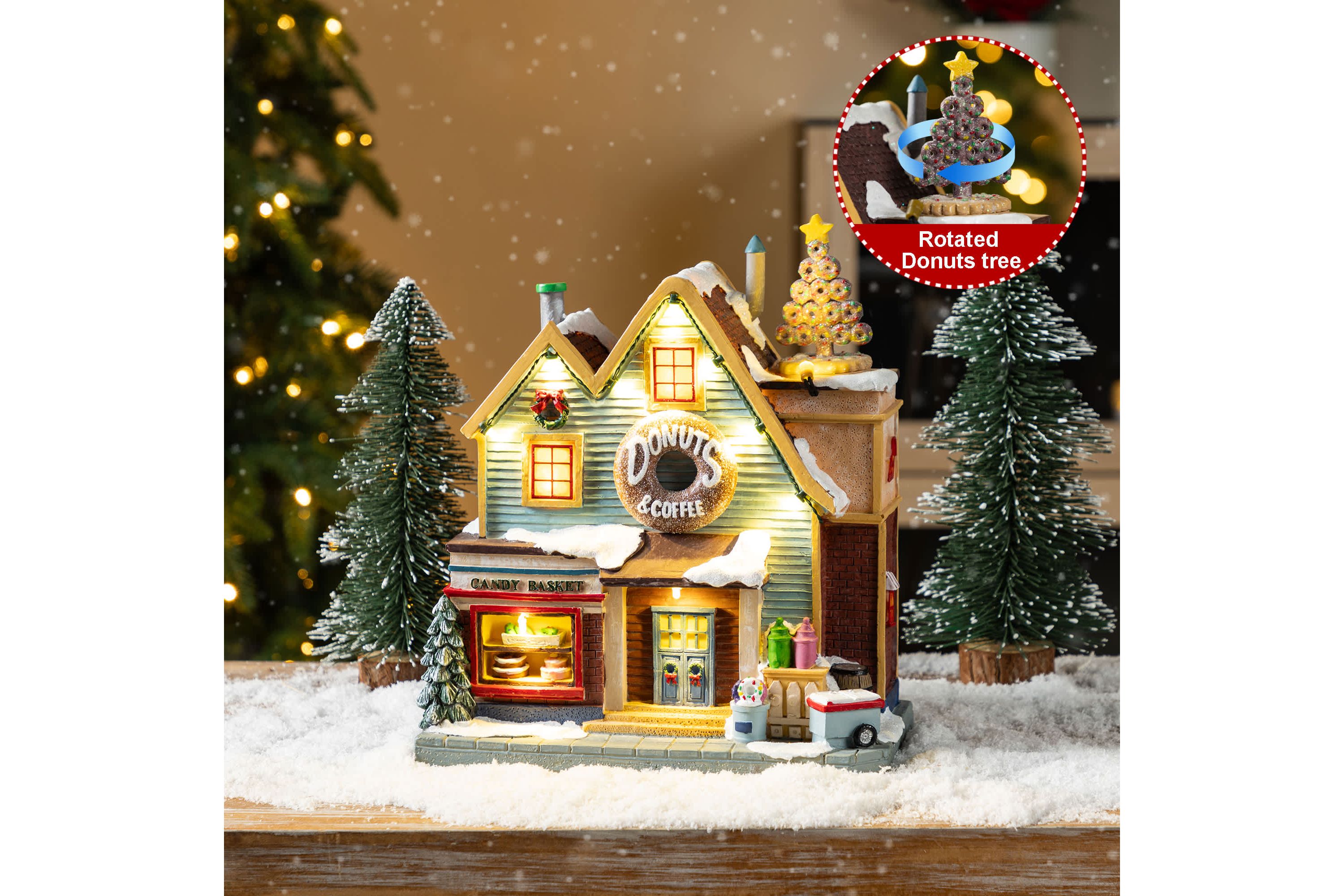 10.25"H Lighted Christmas Donuts & Coffee Shop Resin Village with Movement and Music