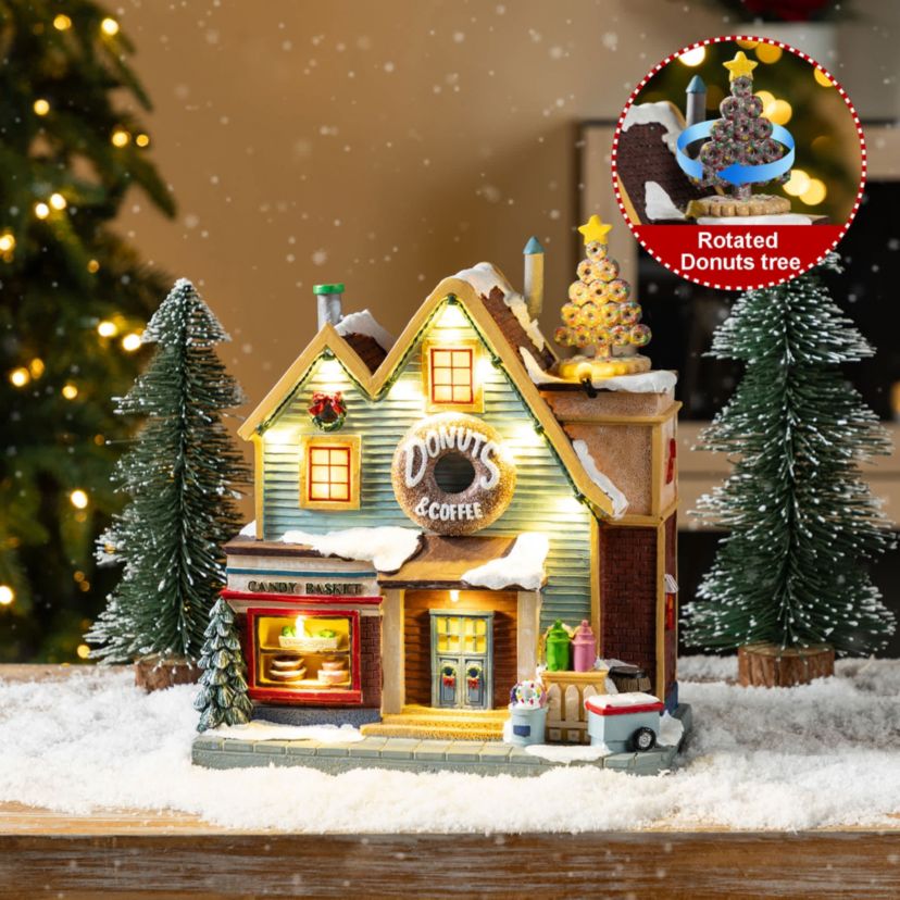 10.25"H Lighted Christmas Donuts & Coffee Shop Resin Village with Movement and Music