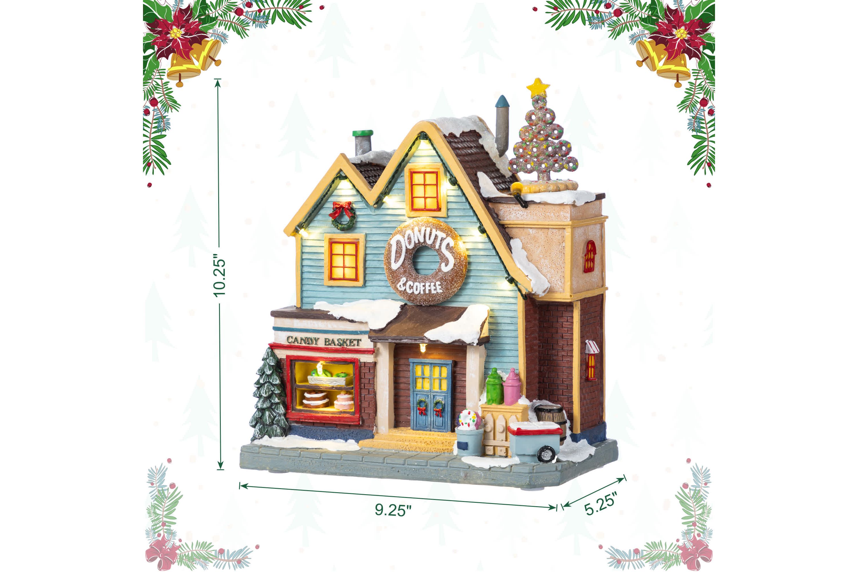 10.25"H Lighted Christmas Donuts & Coffee Shop Resin Village with Movement and Music