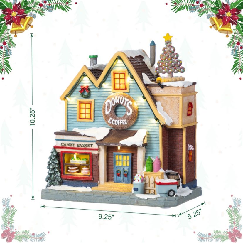 10.25"H Lighted Christmas Donuts & Coffee Shop Resin Village with Movement and Music