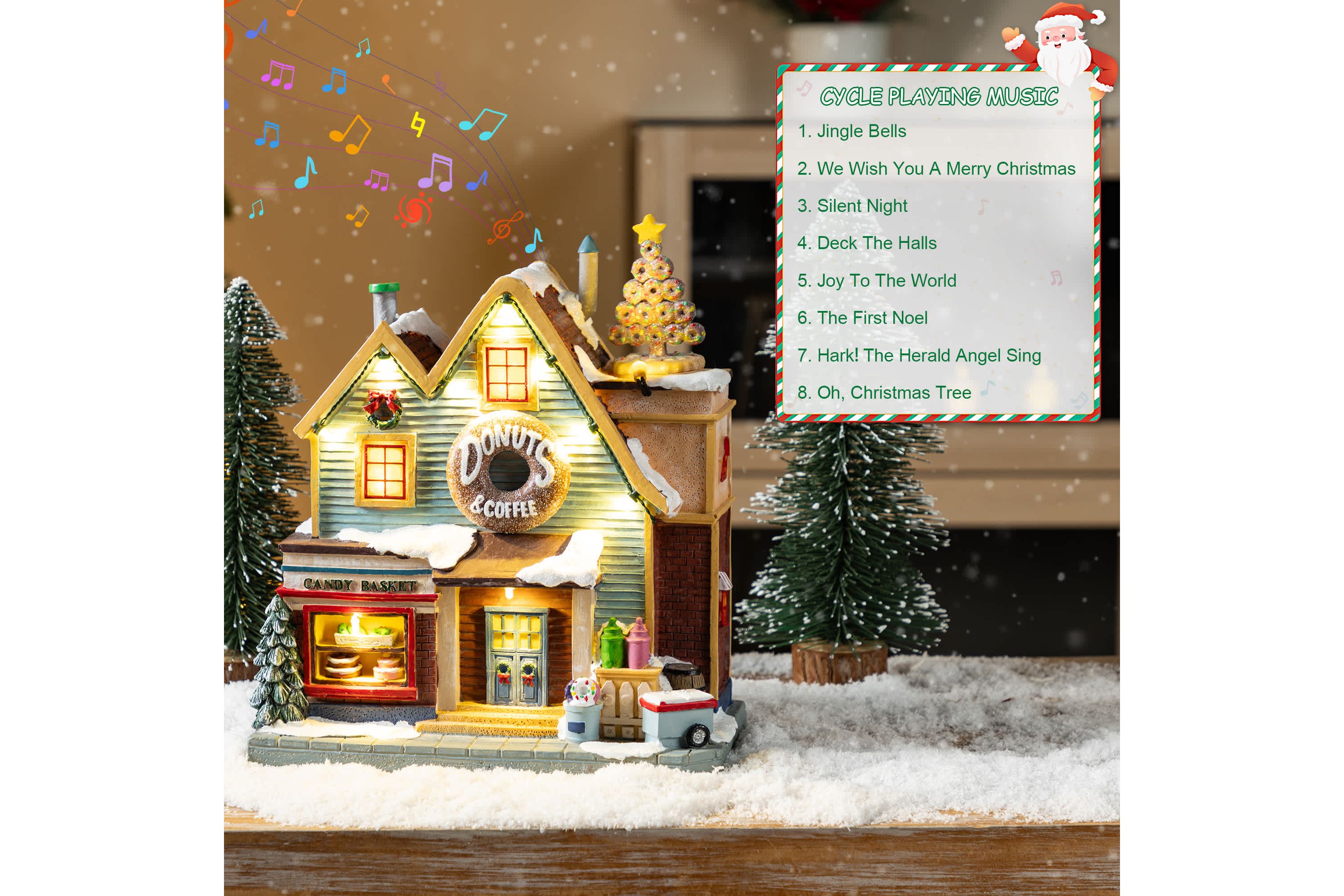10.25"H Lighted Christmas Donuts & Coffee Shop Resin Village with Movement and Music