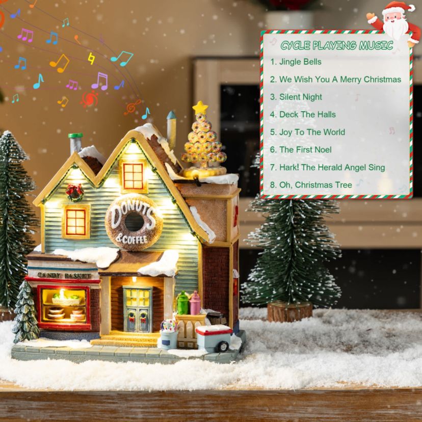 10.25"H Lighted Christmas Donuts & Coffee Shop Resin Village with Movement and Music