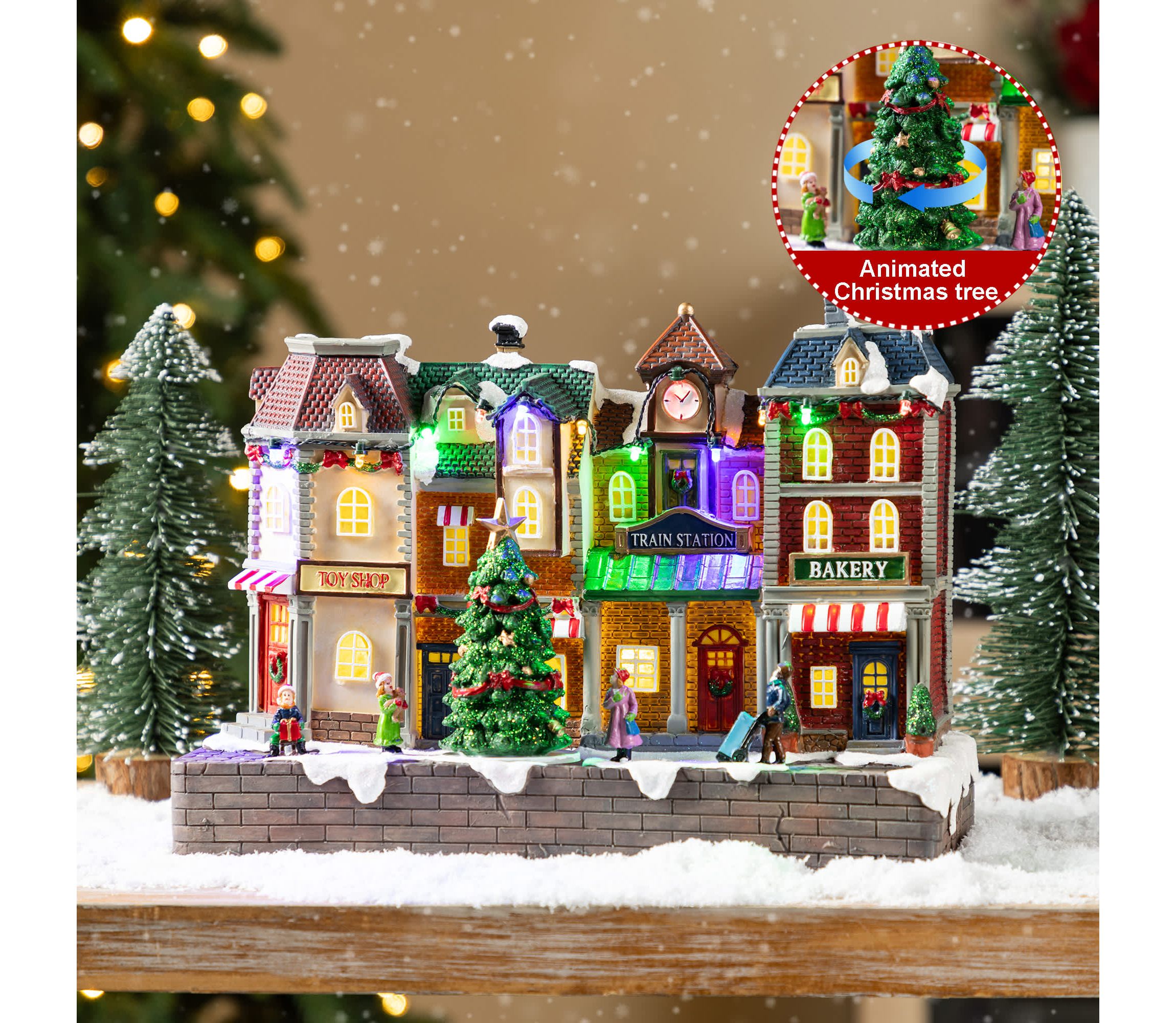 13.75"L Lighted Christmas Train station Resin Village with Movement and Music