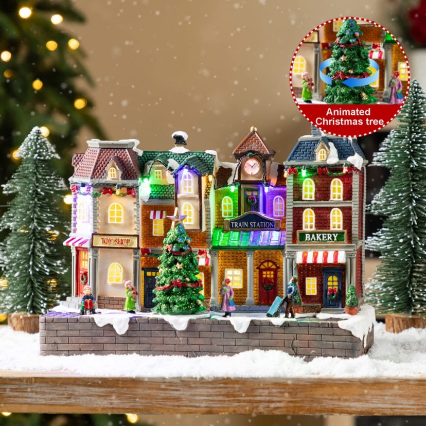 13.75"L Lighted Christmas Train station Resin Village with Movement and Music