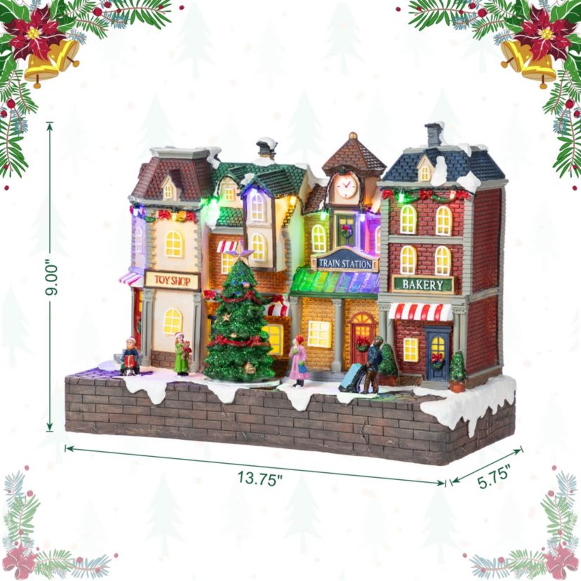 13.75"L Lighted Christmas Train station Resin Village with Movement and Music