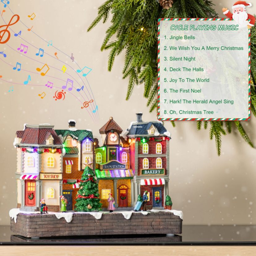 13.75"L Lighted Christmas Train station Resin Village with Movement and Music