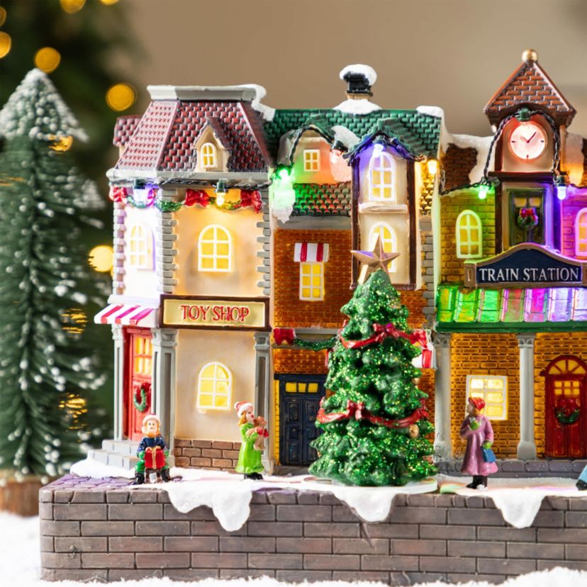13.75"L Lighted Christmas Train station Resin Village with Movement and Music