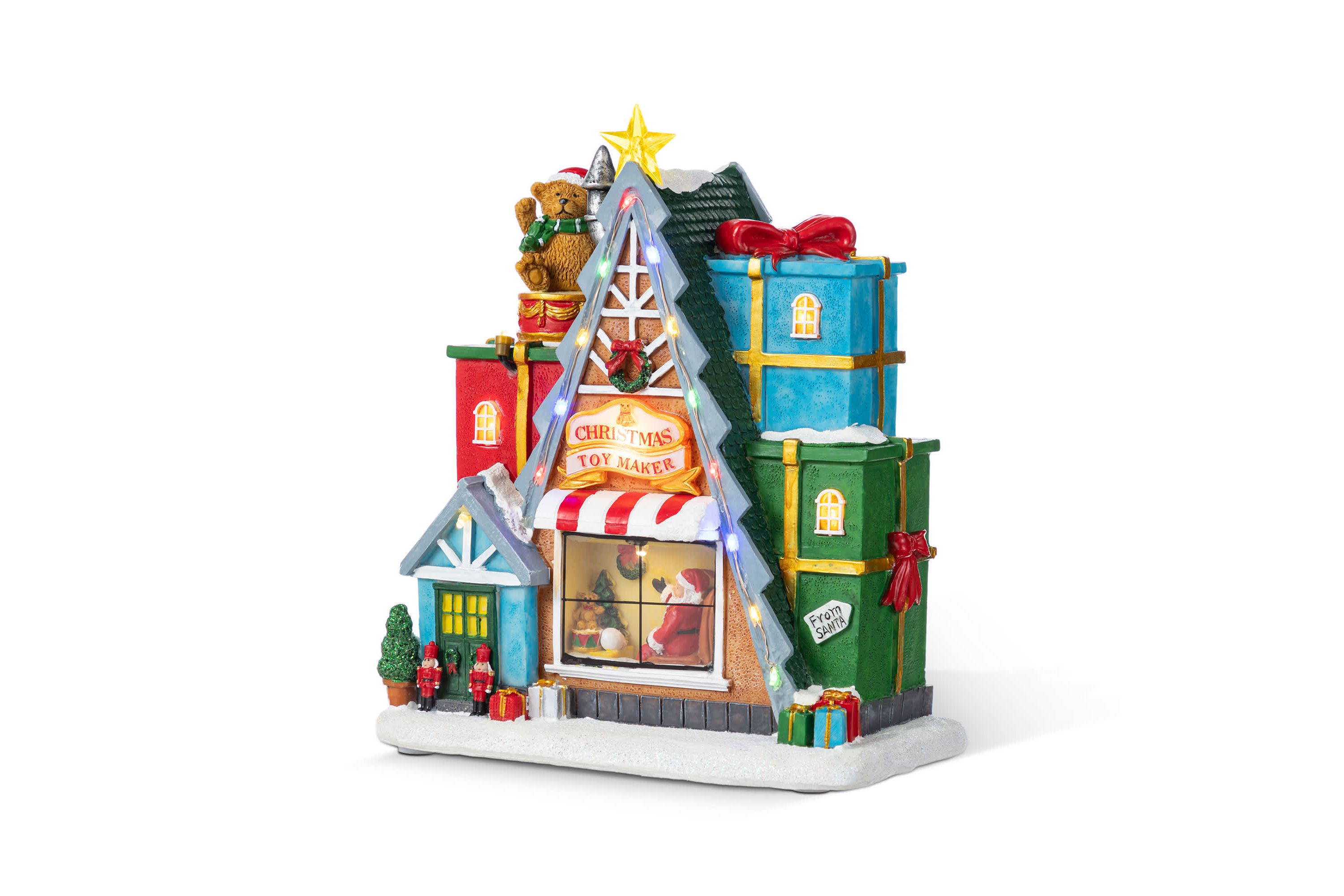 10.75"H Lighted CHRISTMAS TOY MARKET Resin Village with Movement and Music