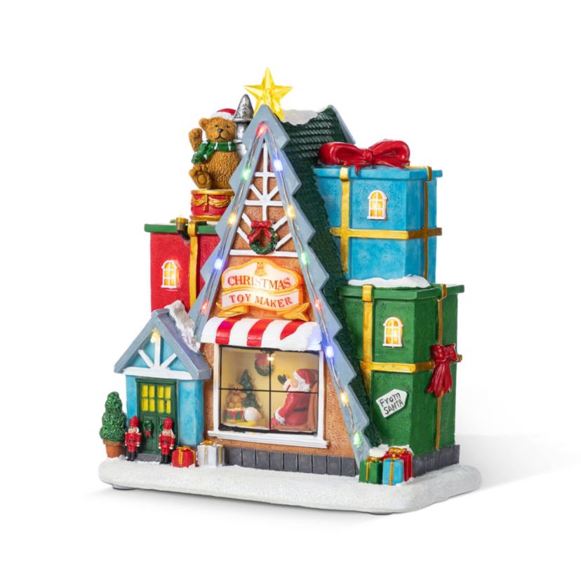 10.75"H Lighted CHRISTMAS TOY MARKET Resin Village with Movement and Music