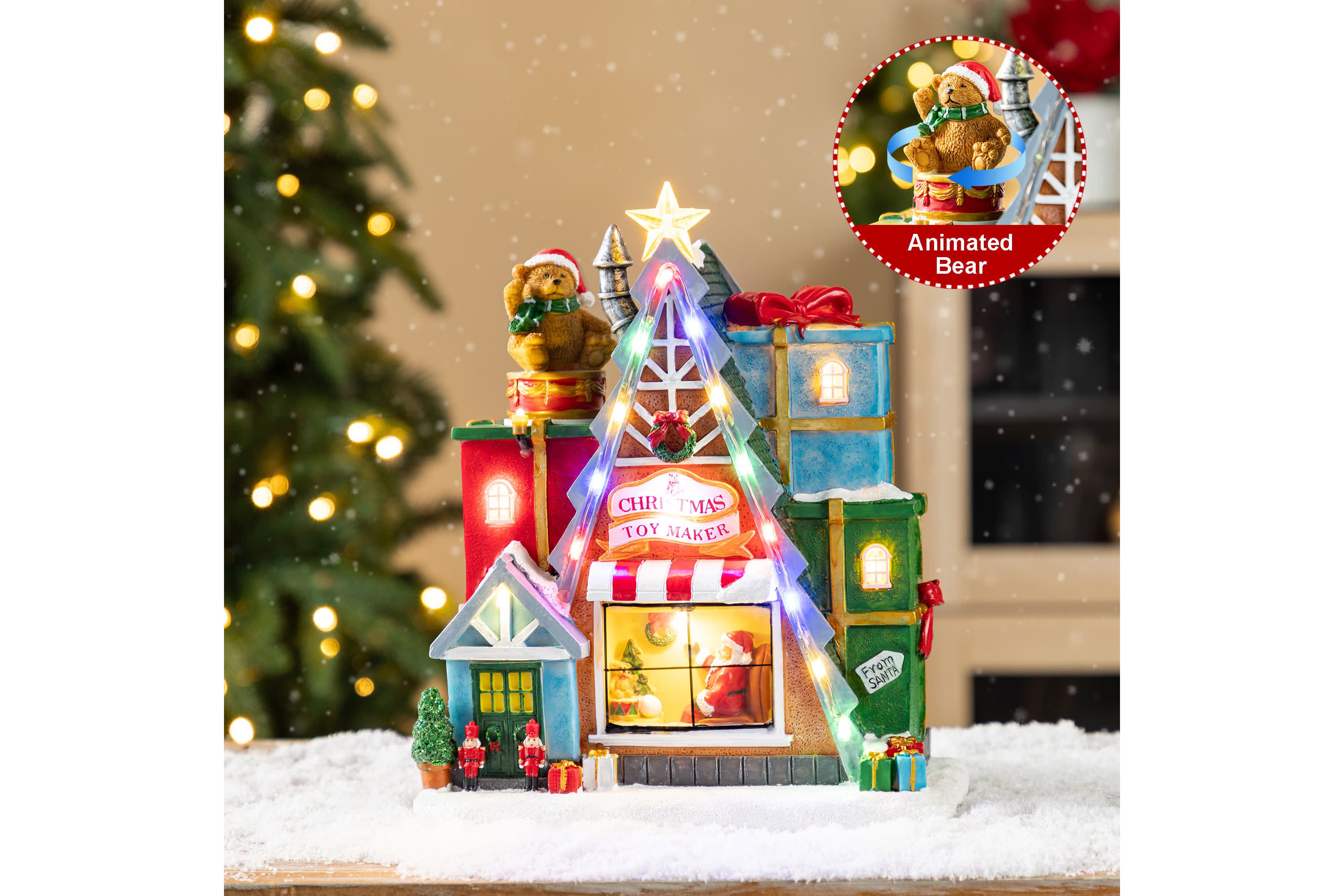 10.75"H Lighted CHRISTMAS TOY MARKET Resin Village with Movement and Music