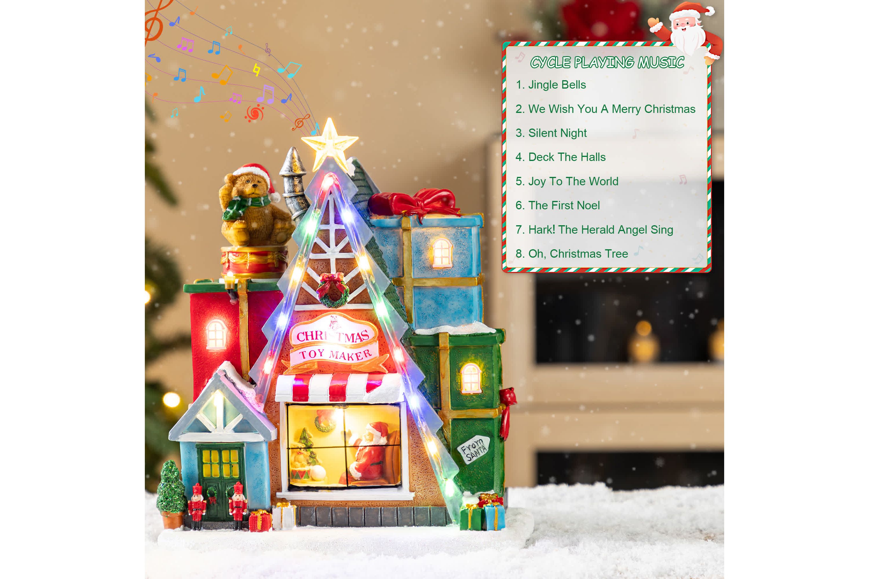 10.75"H Lighted CHRISTMAS TOY MARKET Resin Village with Movement and Music