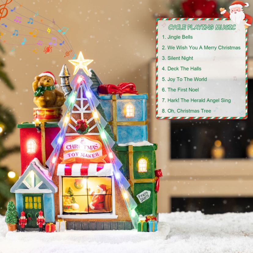 10.75"H Lighted CHRISTMAS TOY MARKET Resin Village with Movement and Music
