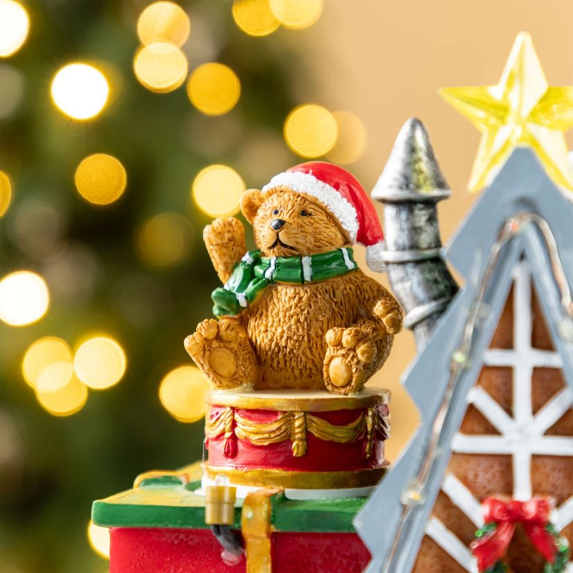 10.75"H Lighted CHRISTMAS TOY MARKET Resin Village with Movement and Music