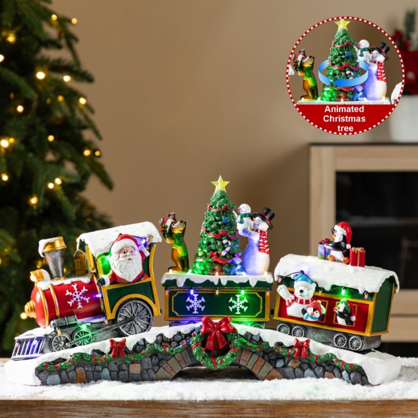 20"L Lighted Christmas Santa Train Resin Village with Movement and Music