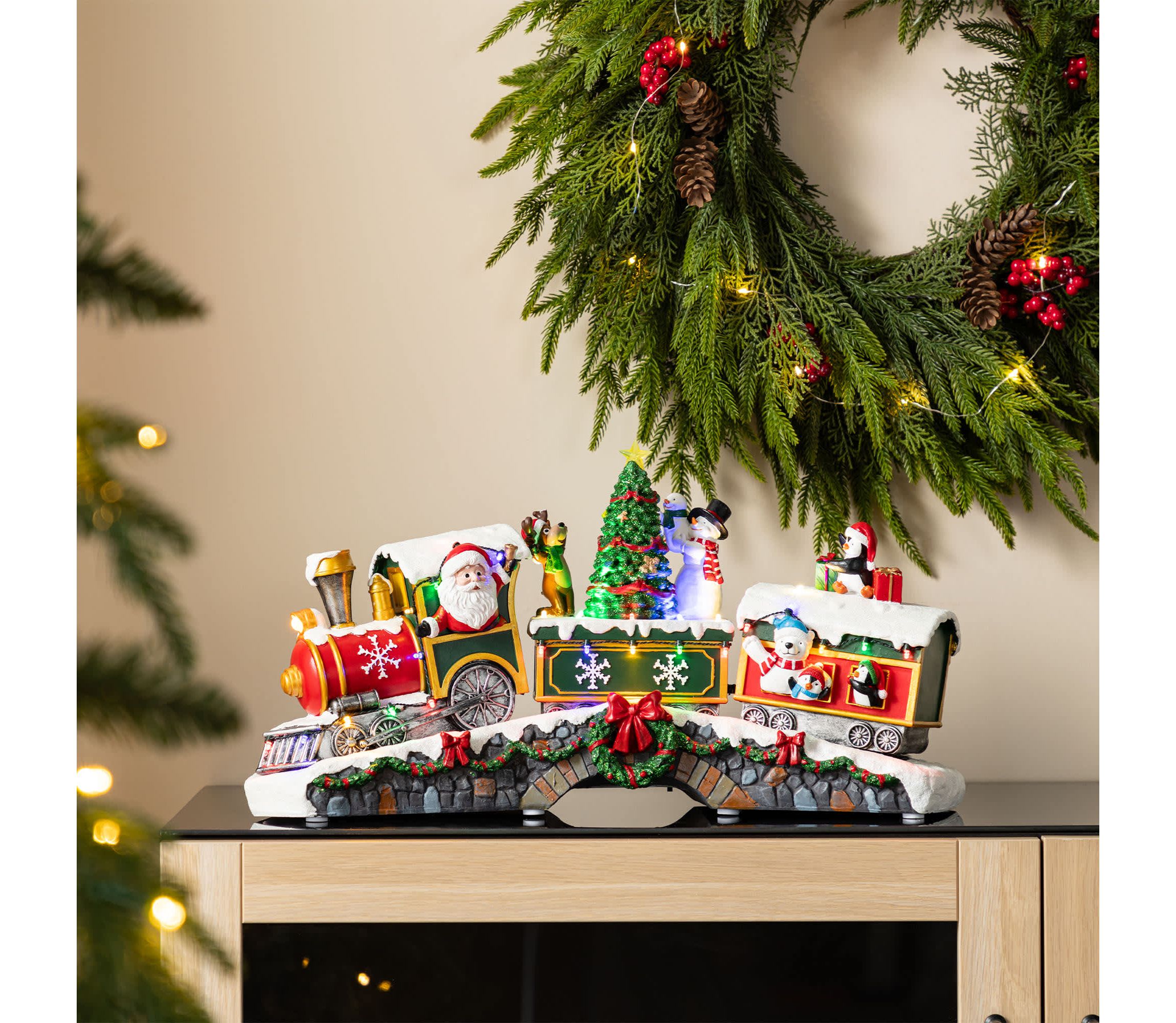 20"L Lighted Christmas Santa Train Resin Village with Movement and Music