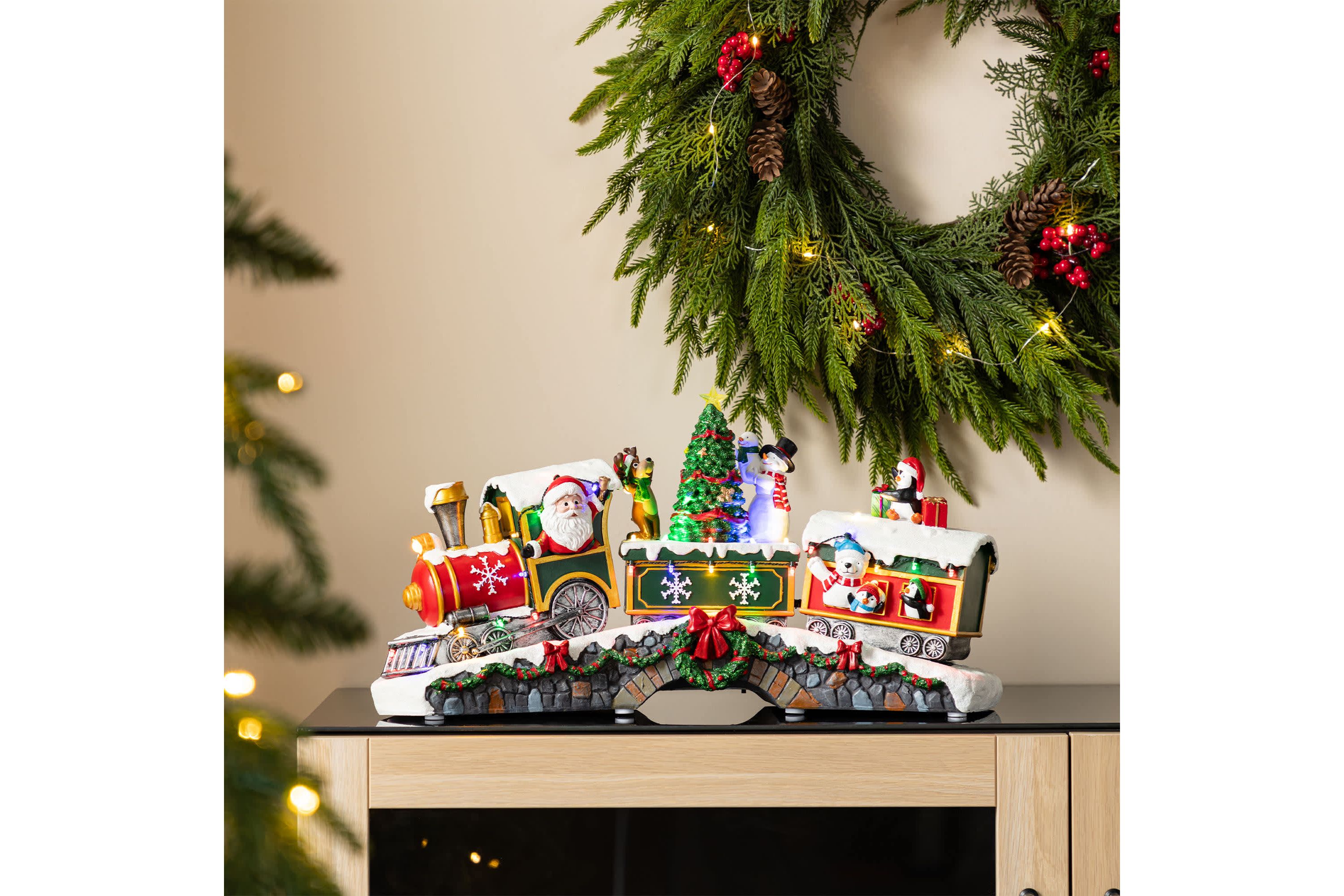 20"L Lighted Christmas Santa Train Resin Village with Movement and Music