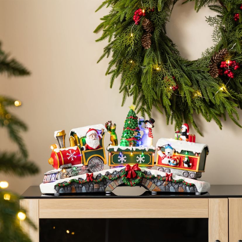 20"L Lighted Christmas Santa Train Resin Village with Movement and Music