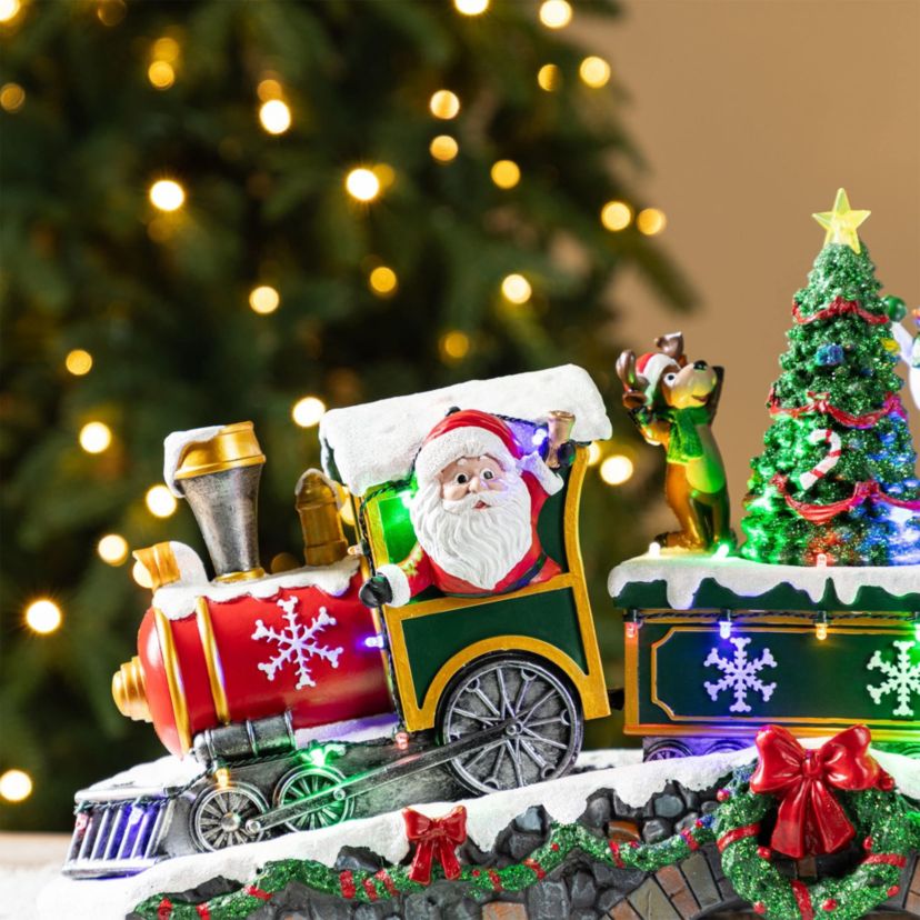 20"L Lighted Christmas Santa Train Resin Village with Movement and Music