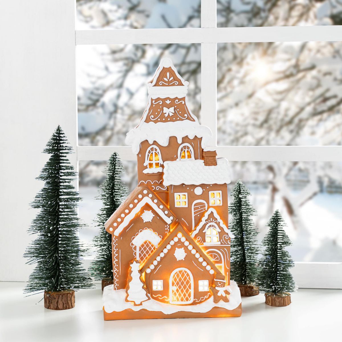17.75"H Christmas Lighted Resin Gingerbread House Table Decor