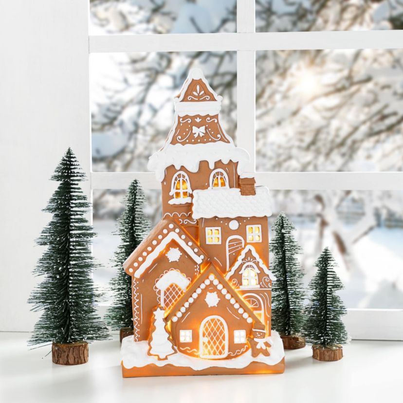 17.75"H Christmas Lighted Resin Gingerbread House Table Decor