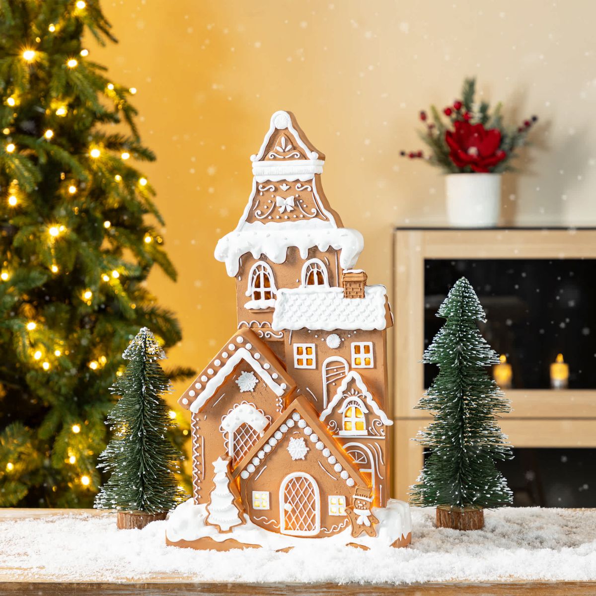 17.75"H Christmas Lighted Resin Gingerbread House Table Decor