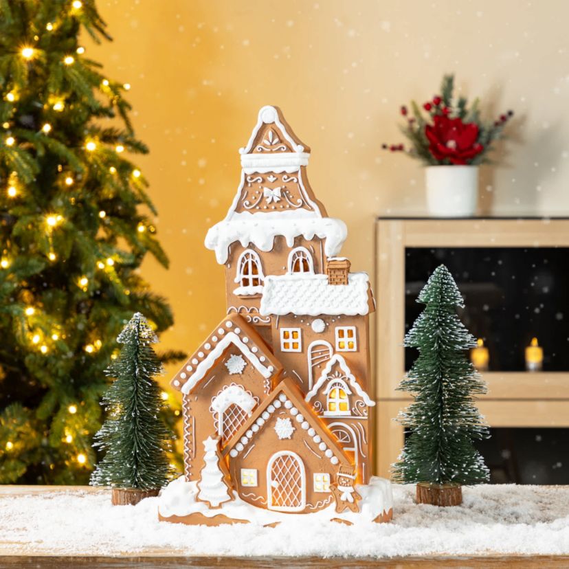 17.75"H Christmas Lighted Resin Gingerbread House Table Decor