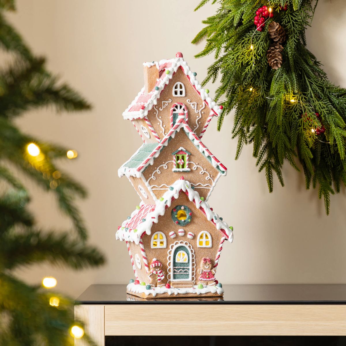 18.5"H Lighted Resin Christmas Gingerbread House Table Decor