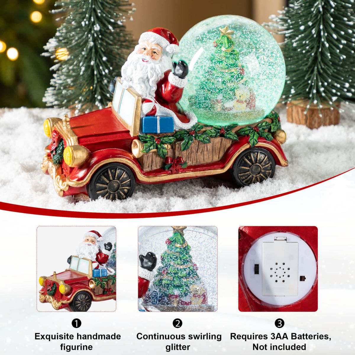 100mm Christmas Resin Lighted Musical  Snowflakes Santa Car Waterglobe