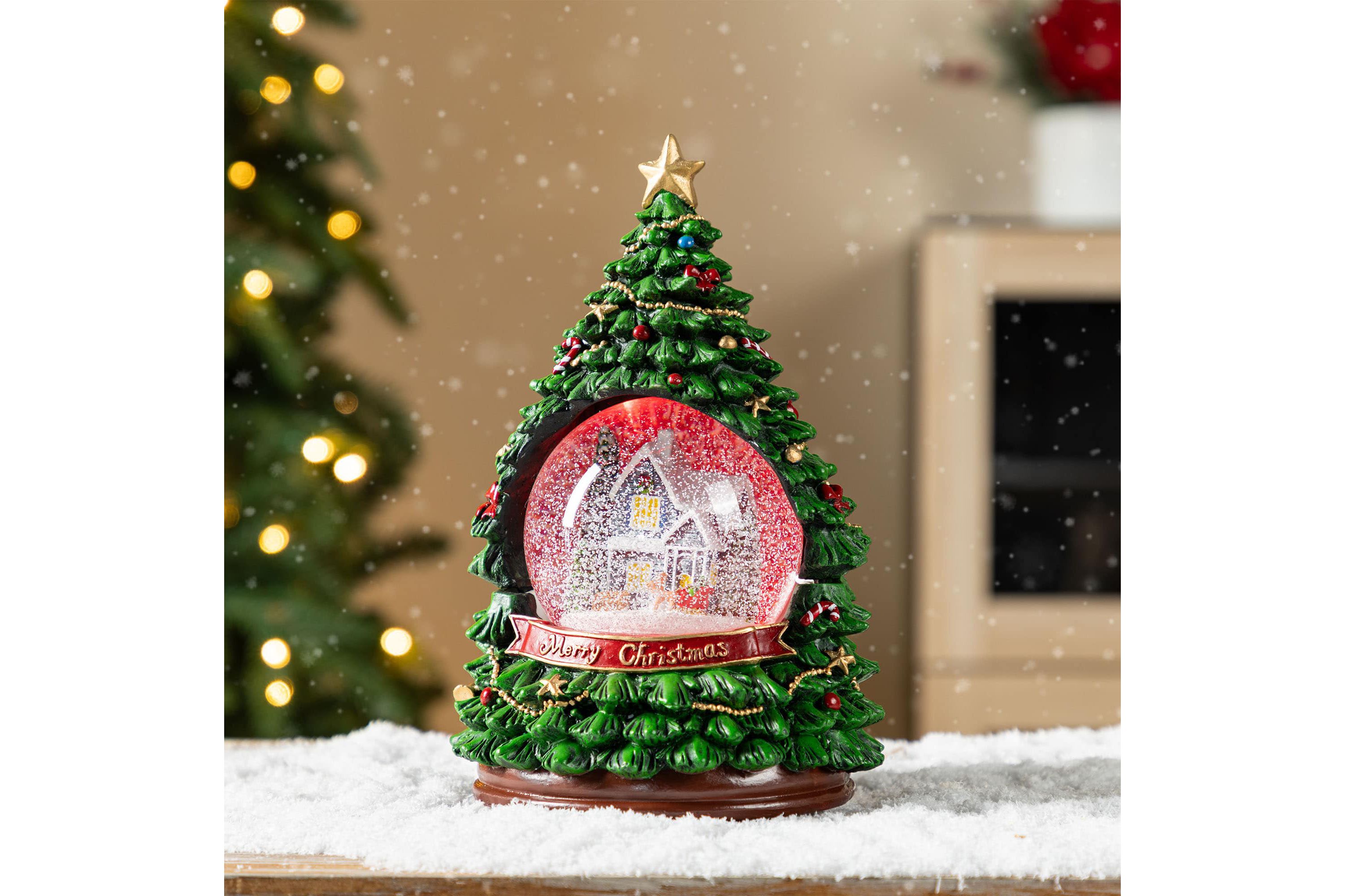 100mm Christmas Resin Lighted Musical Snowflakes Christmas Tree Waterglobe