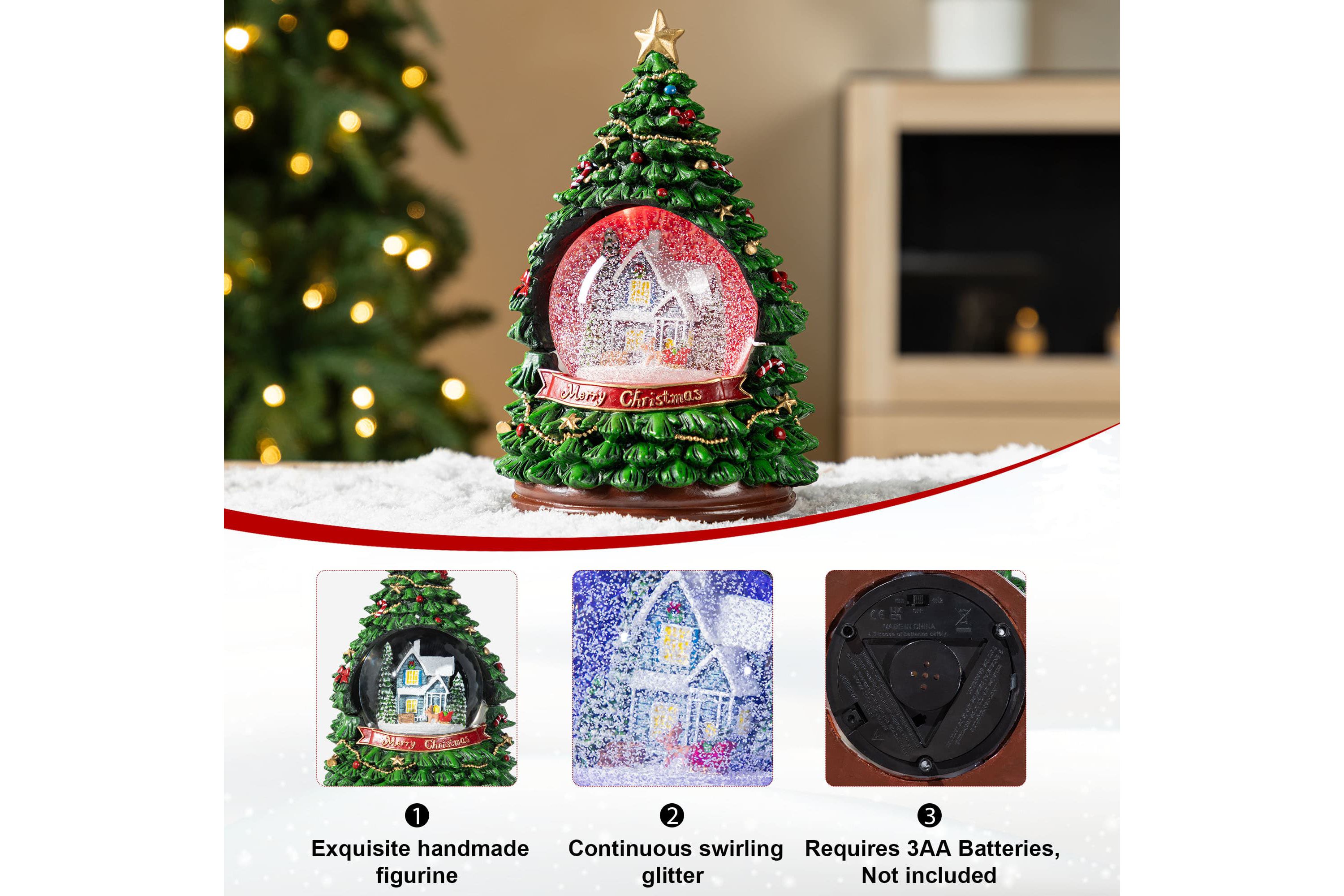 100mm Christmas Resin Lighted Musical Snowflakes Christmas Tree Waterglobe