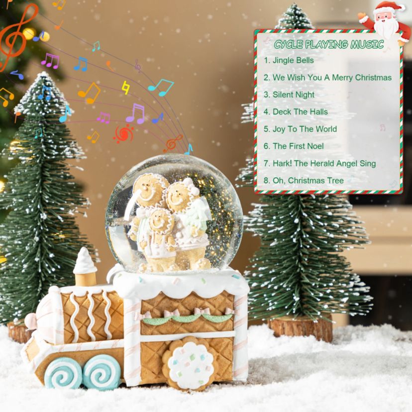 100mm Christmas Resin Musical Snowflakes   Ginginerbread Family Train Waterglobe