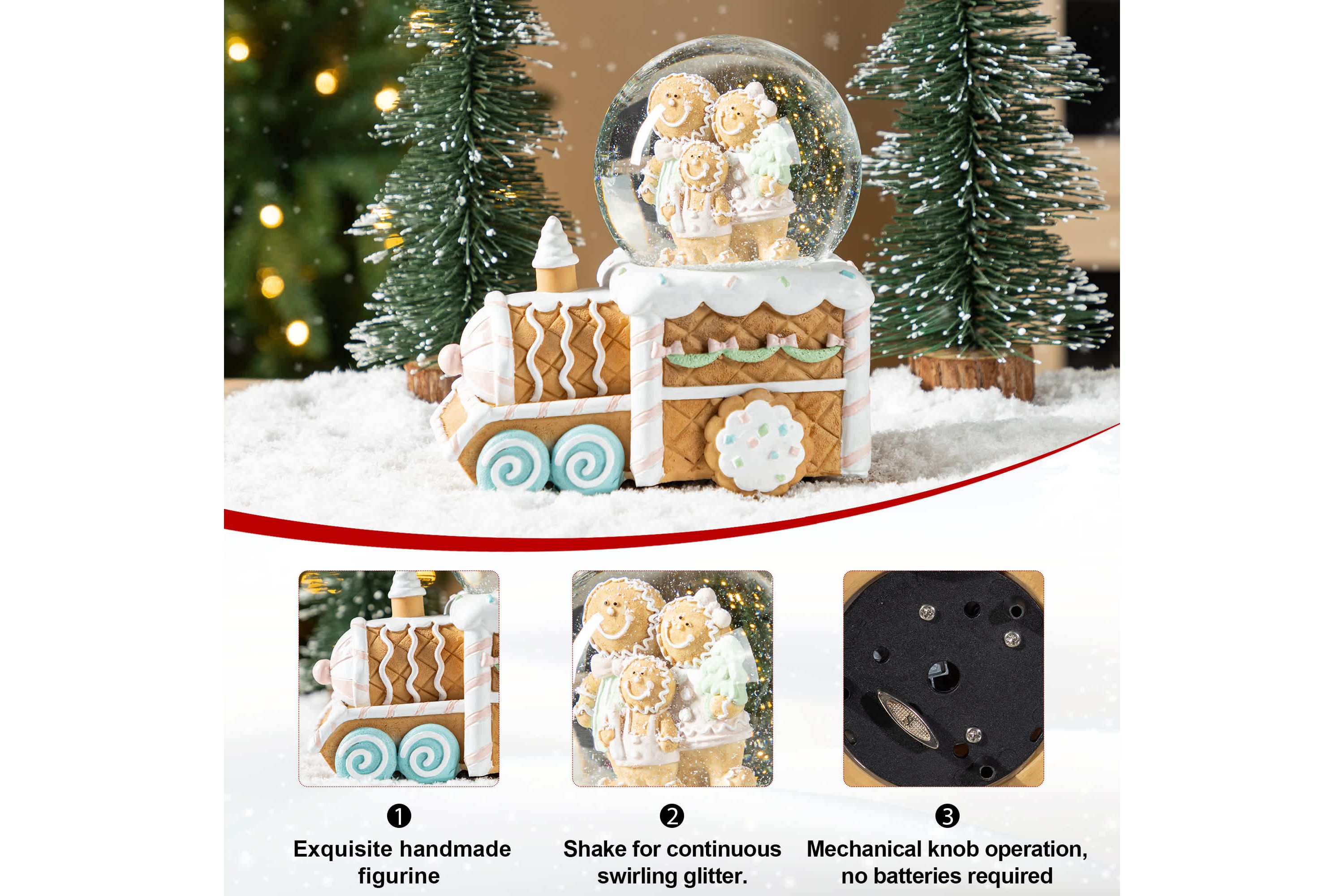 100mm Christmas Resin Musical Snowflakes   Ginginerbread Family Train Waterglobe