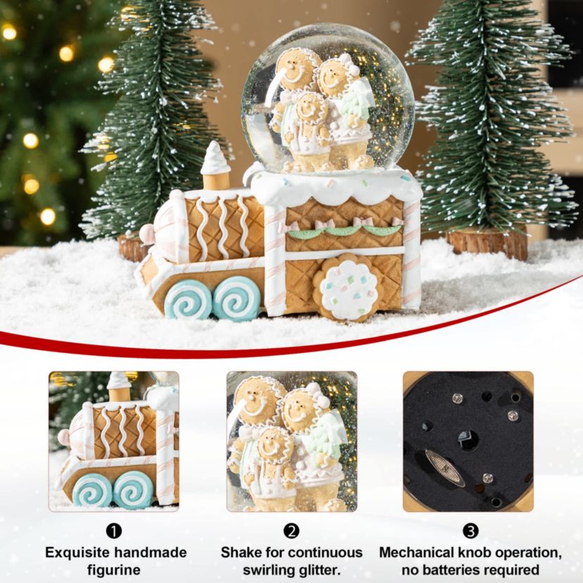 100mm Christmas Resin Musical Snowflakes   Ginginerbread Family Train Waterglobe