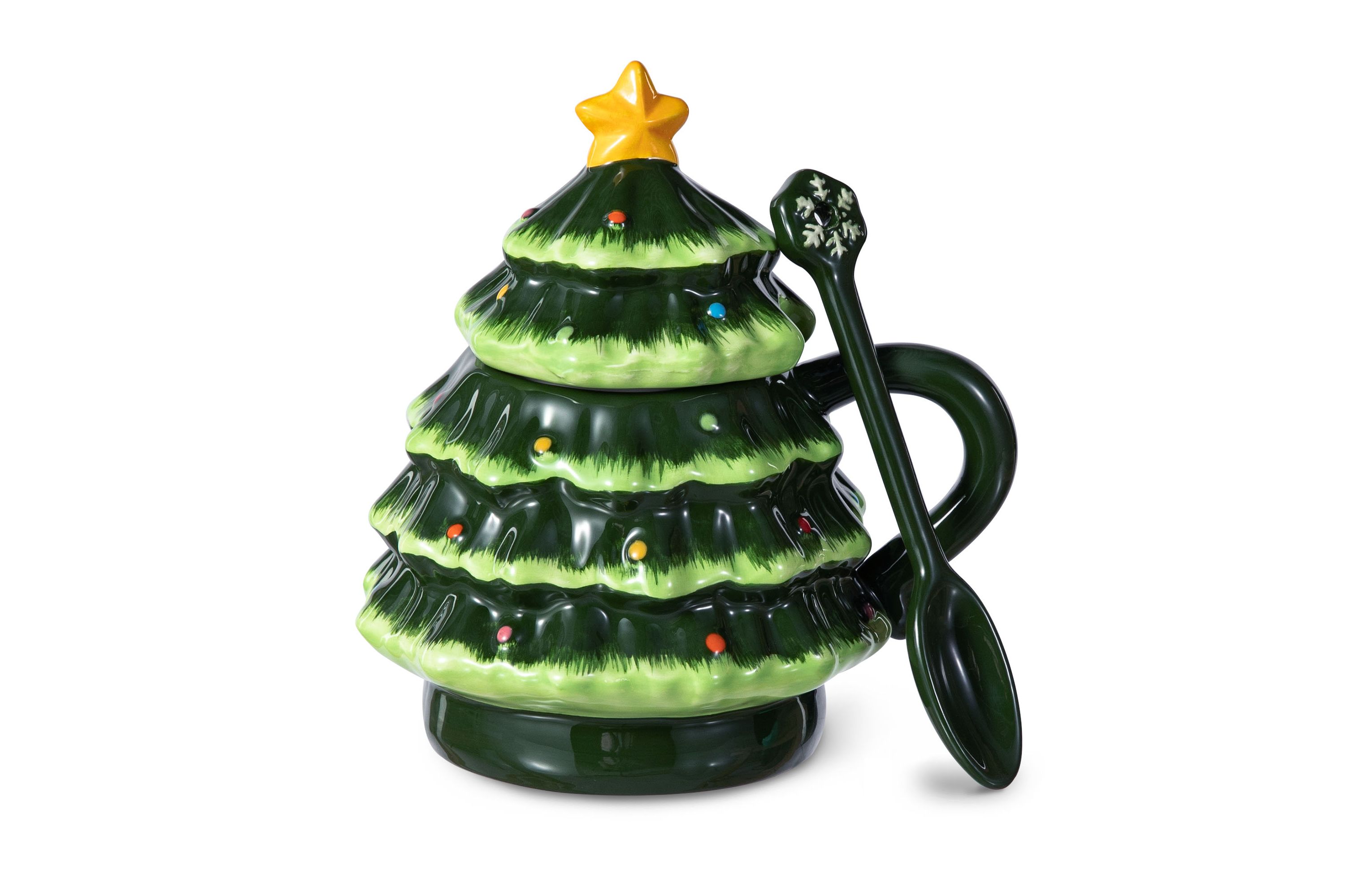 6.5"H Christmas Ceramic Tree Mug with Lid and Spoon