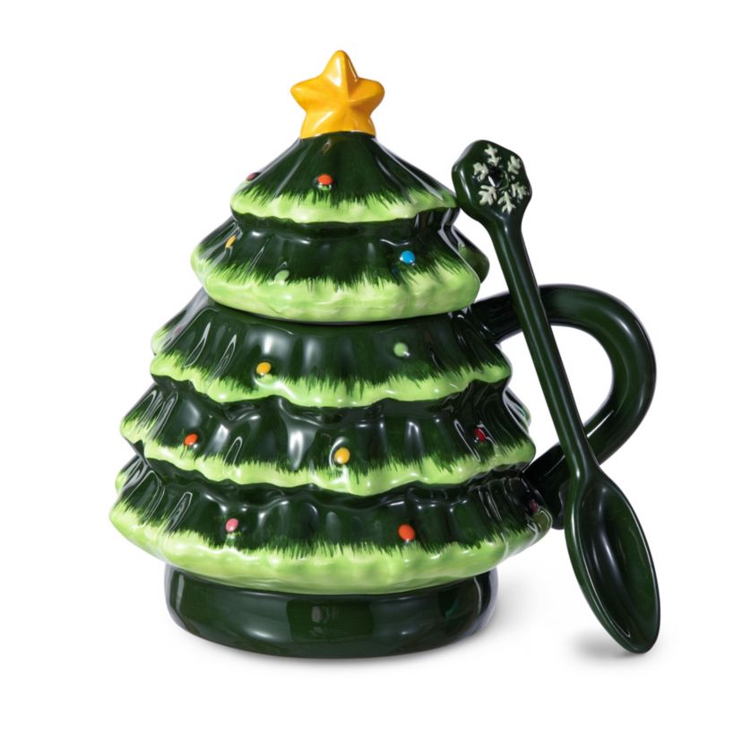6.5"H Christmas Ceramic Tree Mug with Lid and Spoon