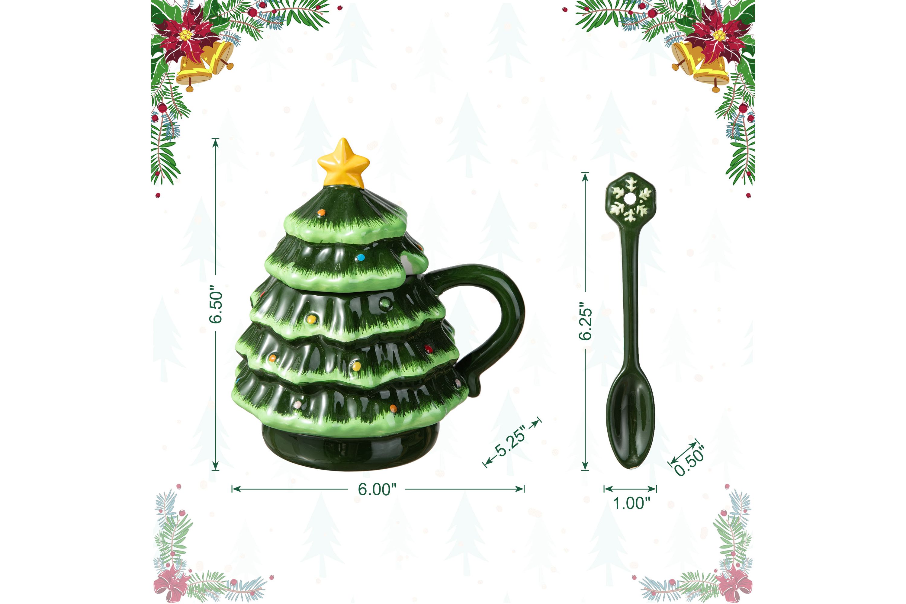 6.5"H Christmas Ceramic Tree Mug with Lid and Spoon