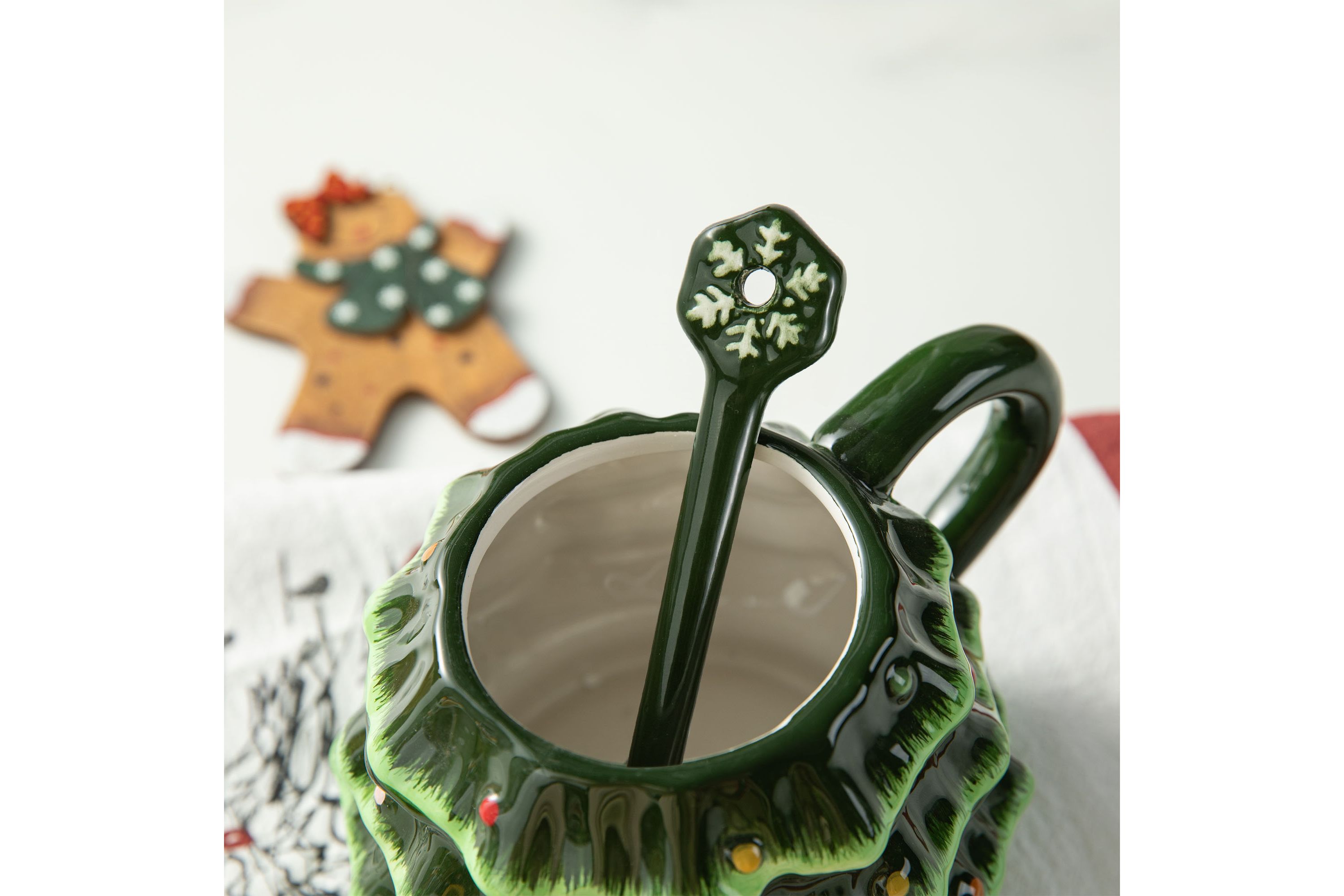 6.5"H Christmas Ceramic Tree Mug with Lid and Spoon