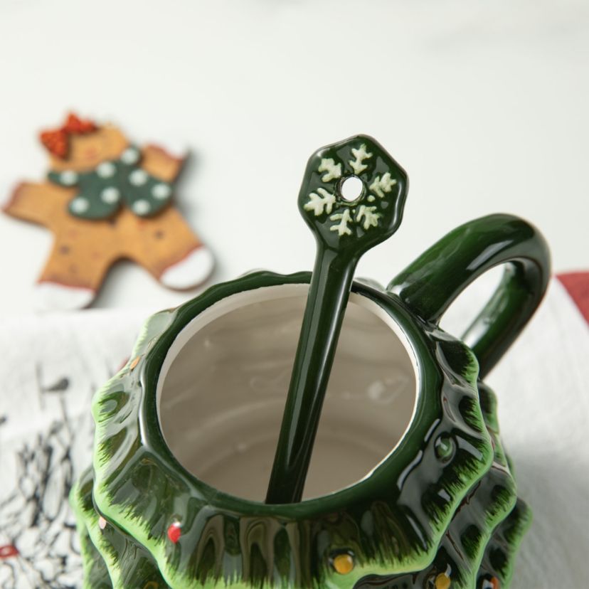 6.5"H Christmas Ceramic Tree Mug with Lid and Spoon