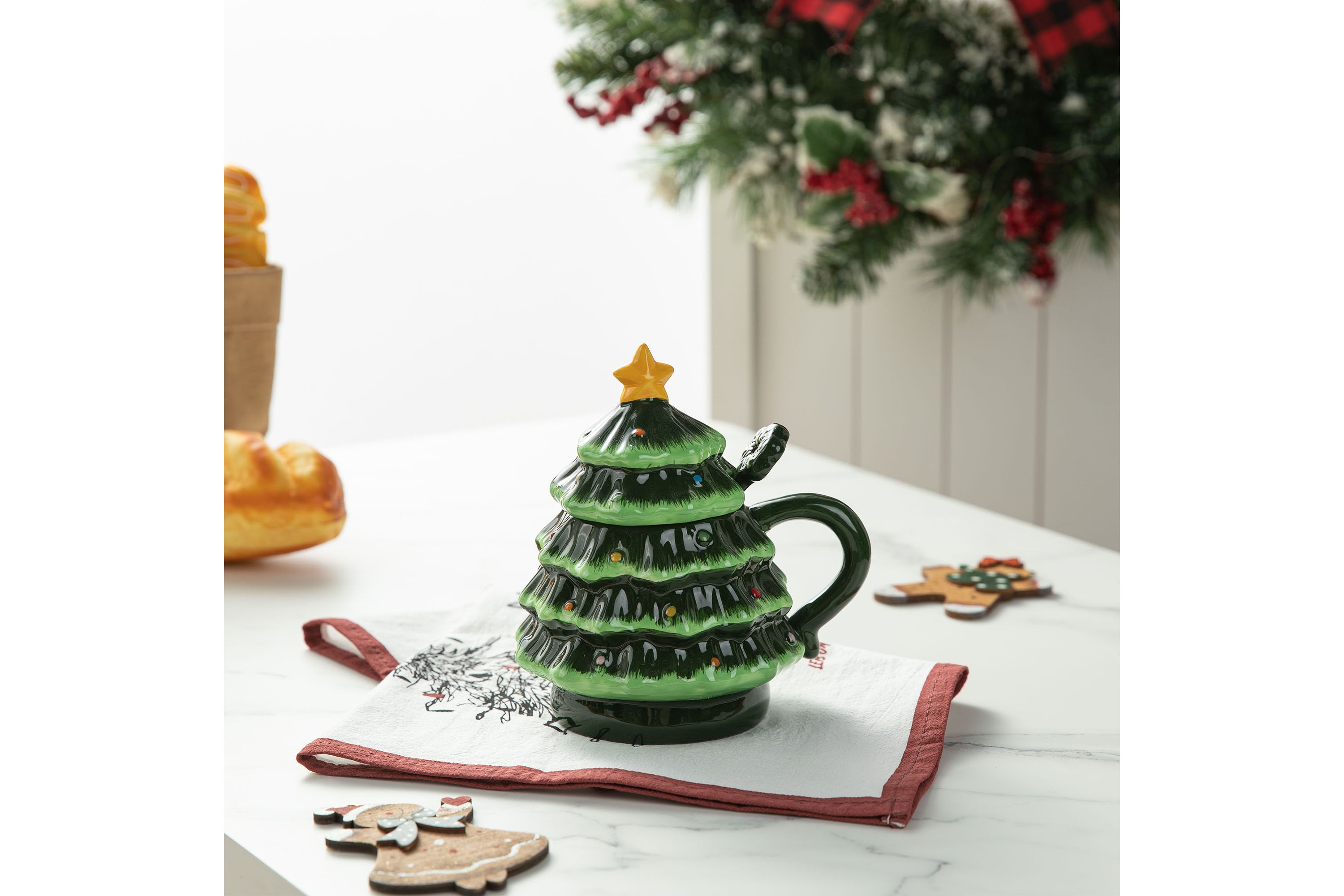 6.5"H Christmas Ceramic Tree Mug with Lid and Spoon